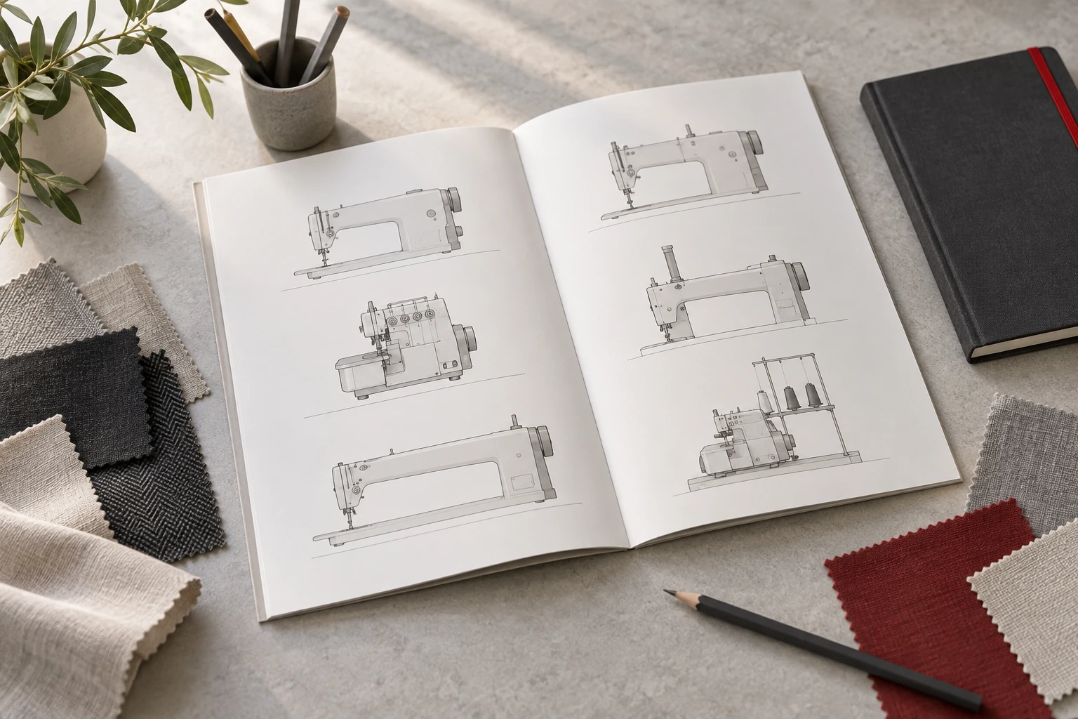 Illustrative equipment range planning with brochure and material swatches