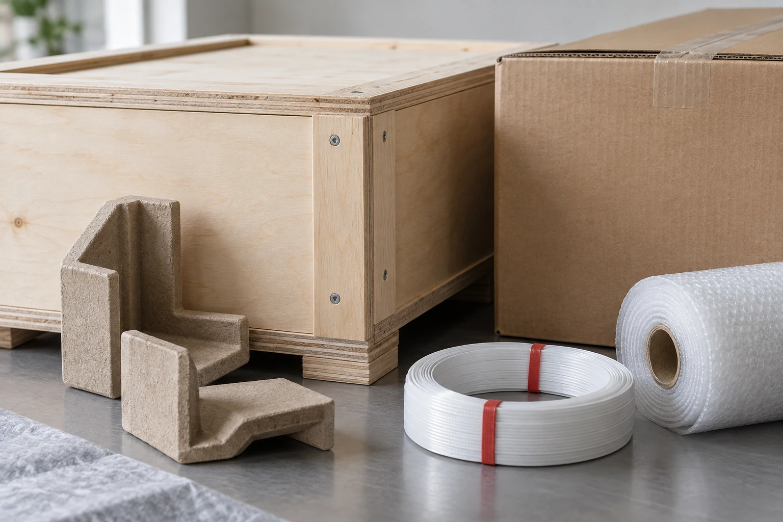Illustrative packing materials with crate, carton and protective corners