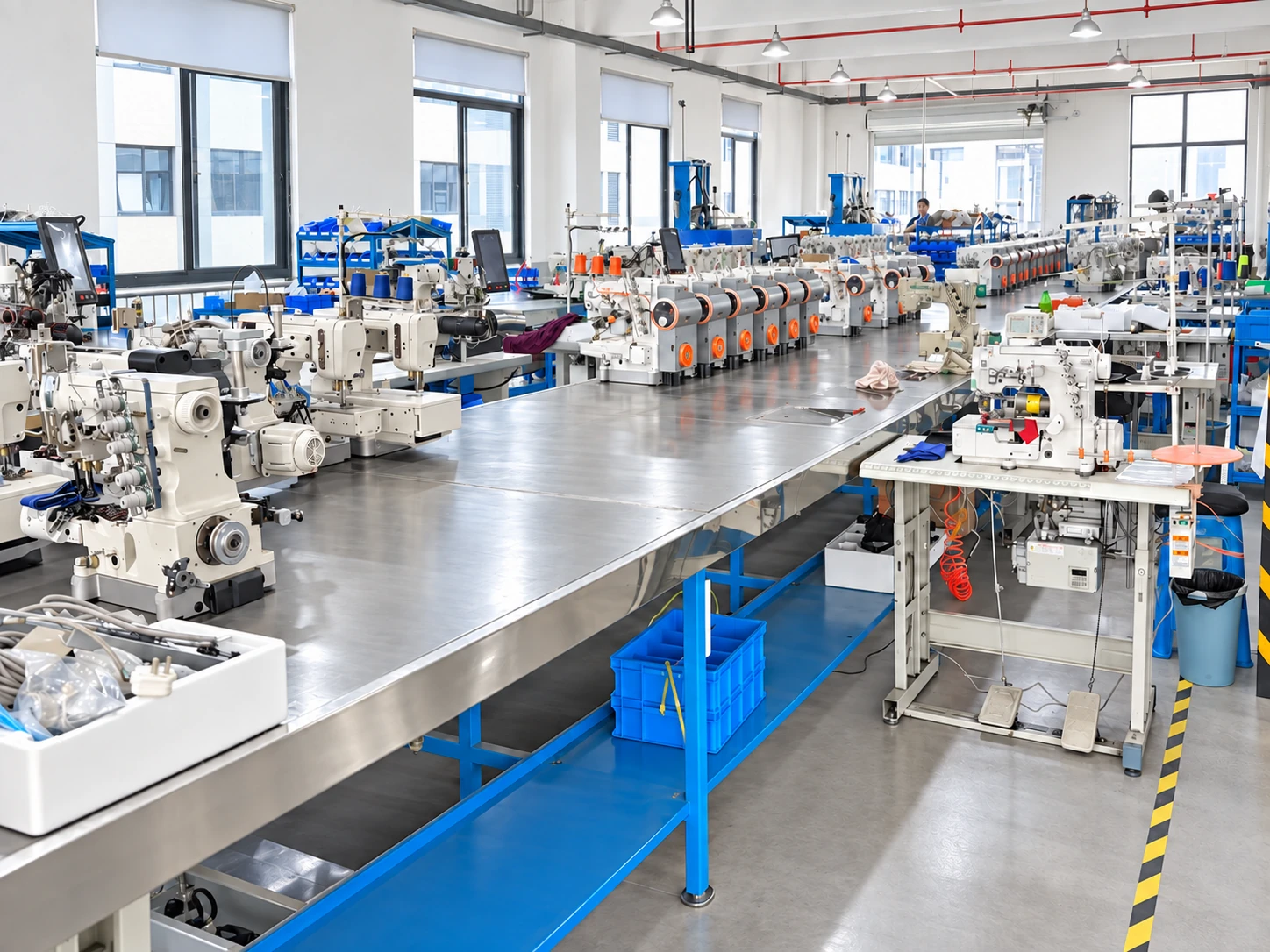 Sewing equipment along workshop benches