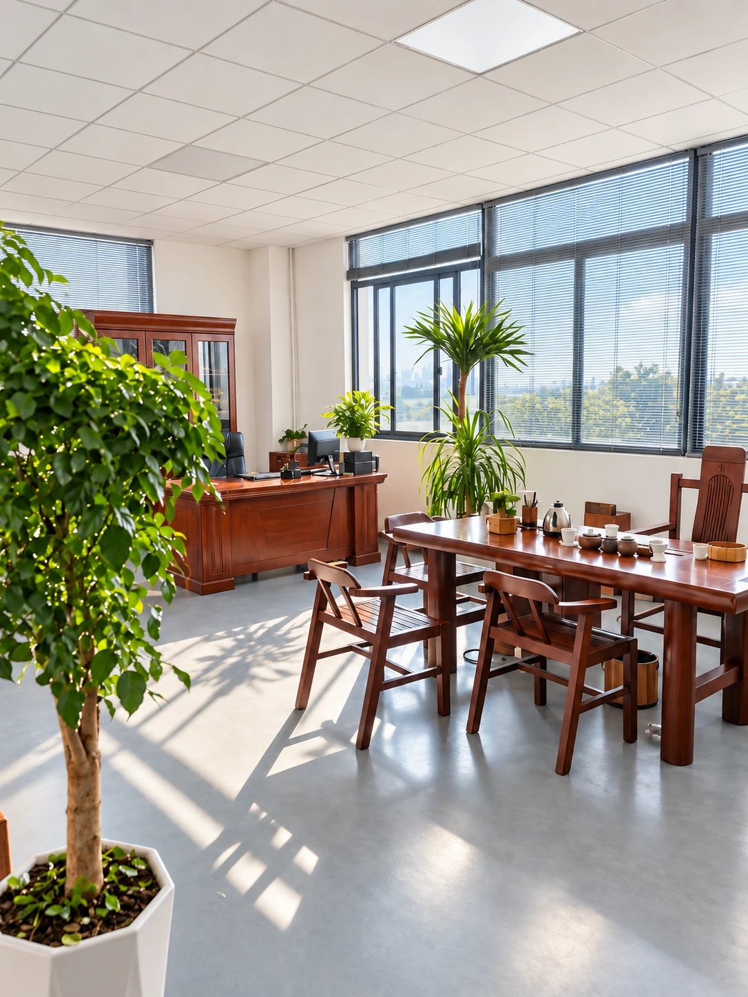 Office and meeting area with a wood table and chairs