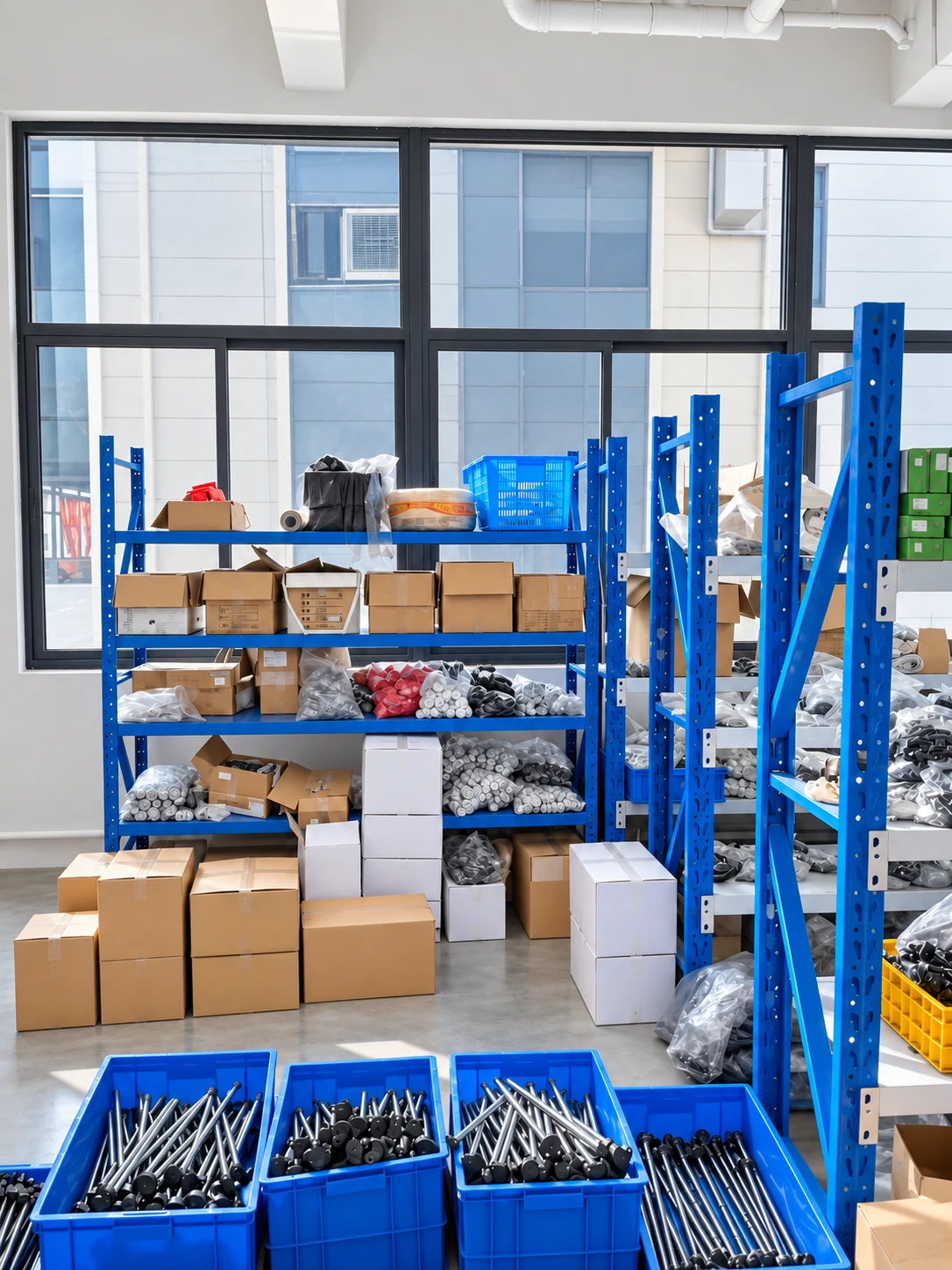 Blue shelving with sewing equipment parts and materials