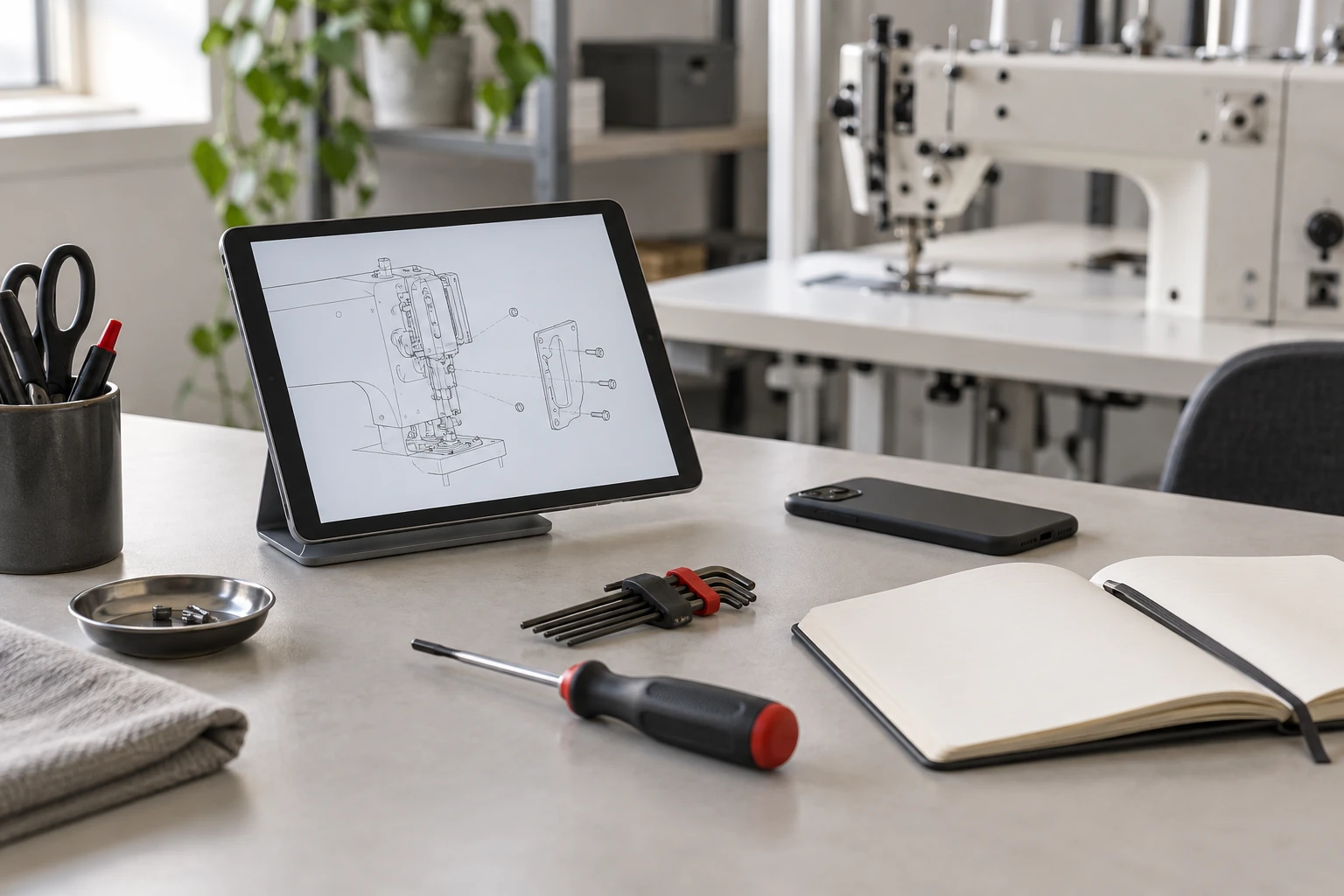 Illustrative technical-support desk with tablet, notebook and tools