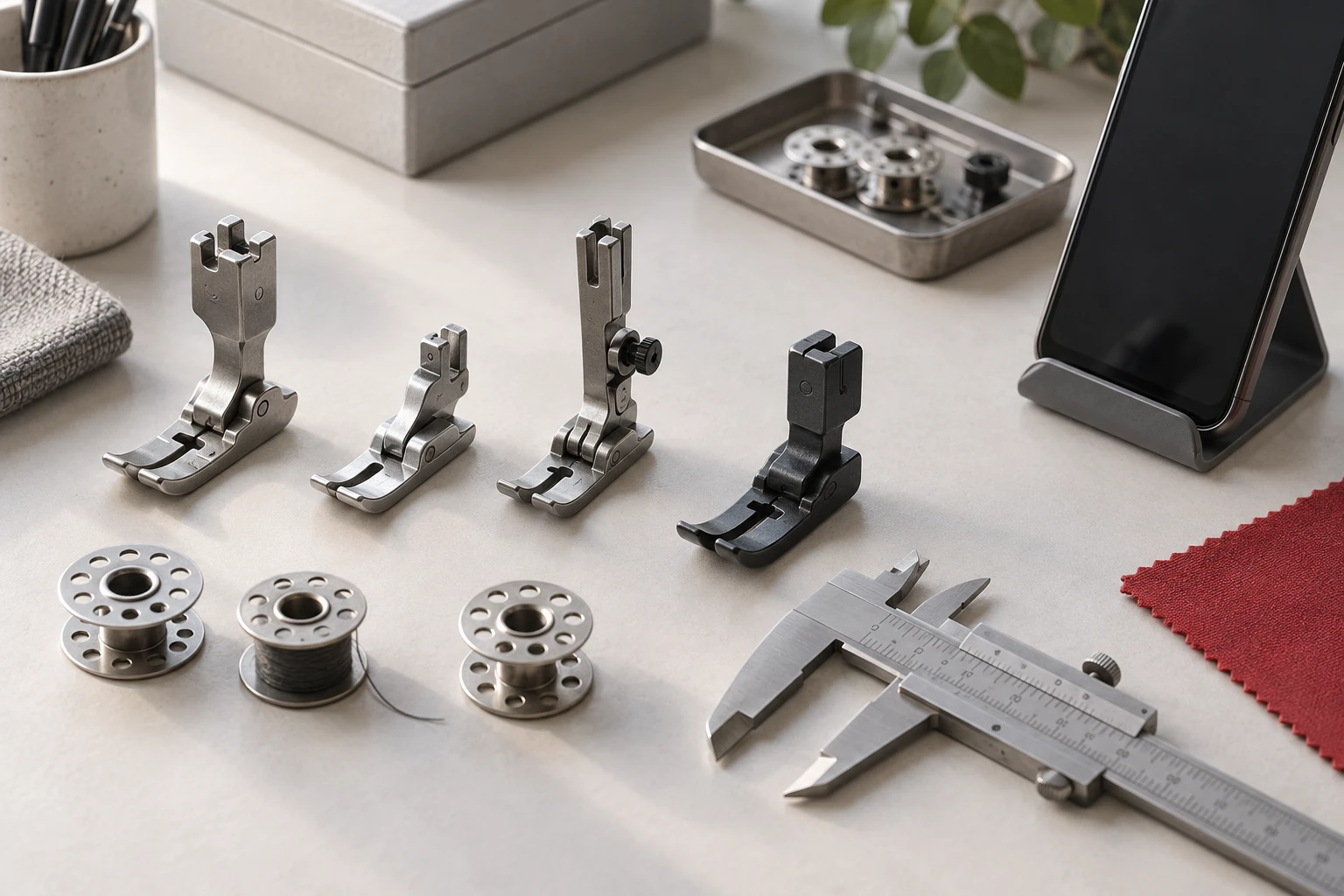 Illustrative spare-parts request with generic presser feet and bobbins