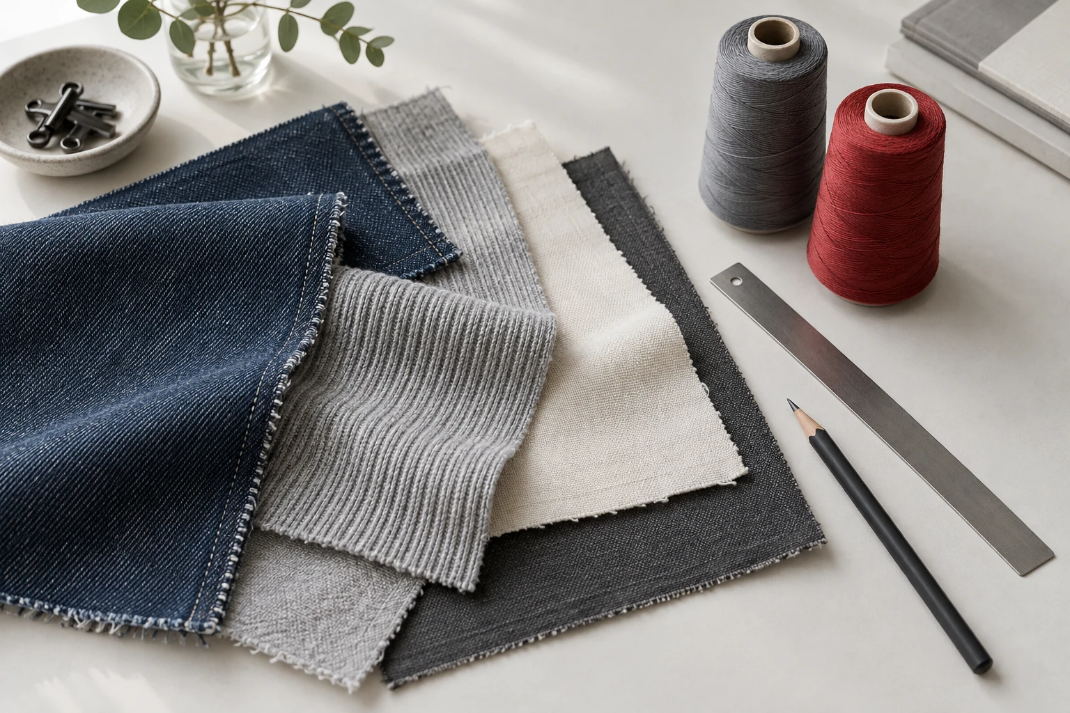 Illustrative selection of denim, knit and woven fabric swatches