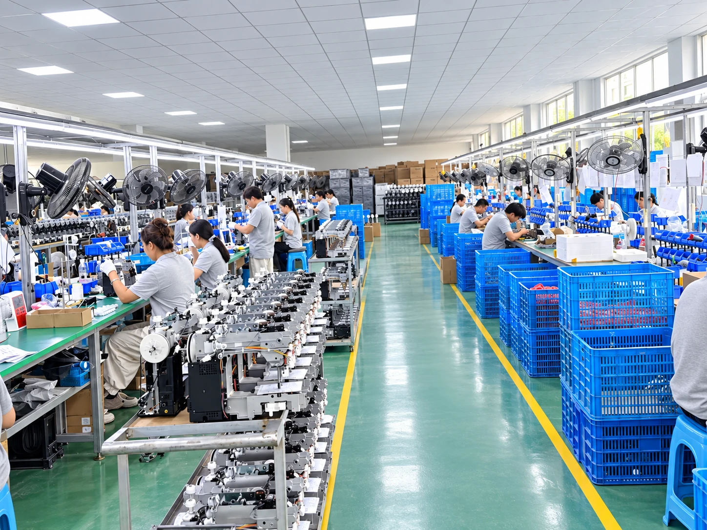 People and sewing equipment along an assembly line
