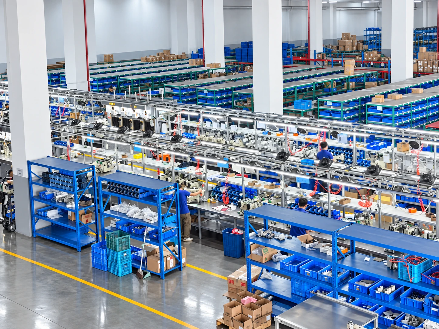Parts shelving and sewing equipment workstations