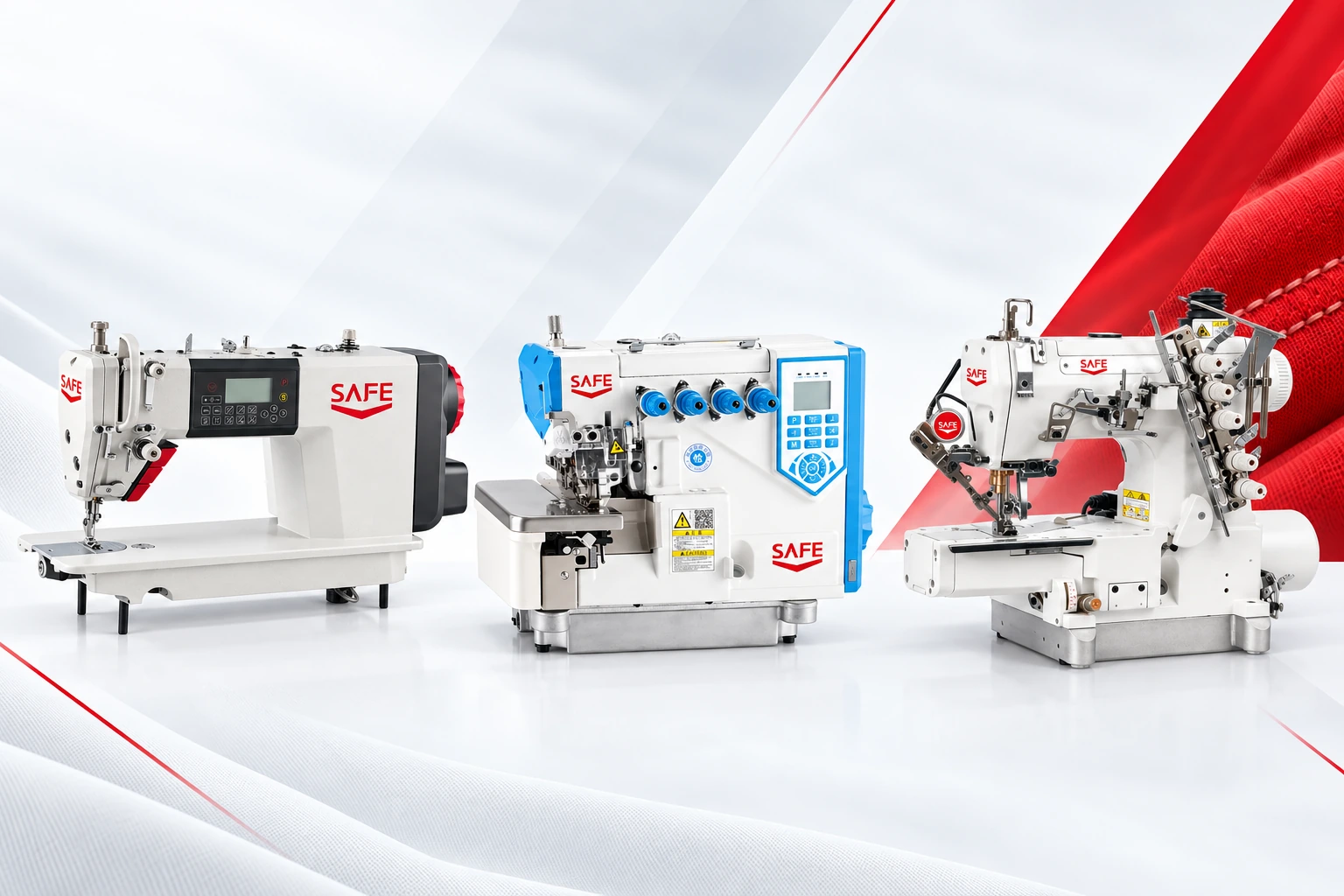 SAFE standard sewing equipment range in a red and white composition