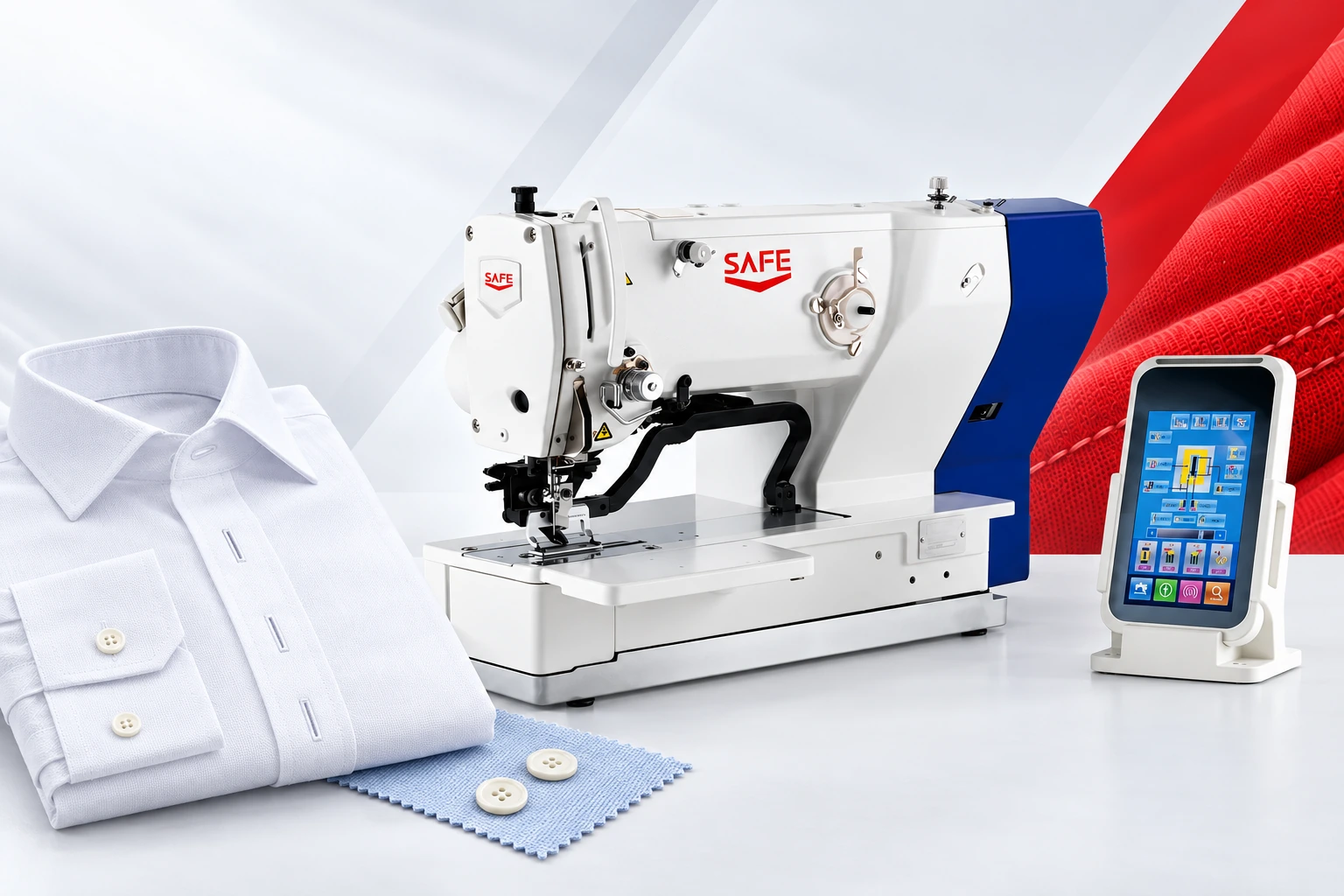 Buttonhole sewing equipment with shirt details and woven fabric