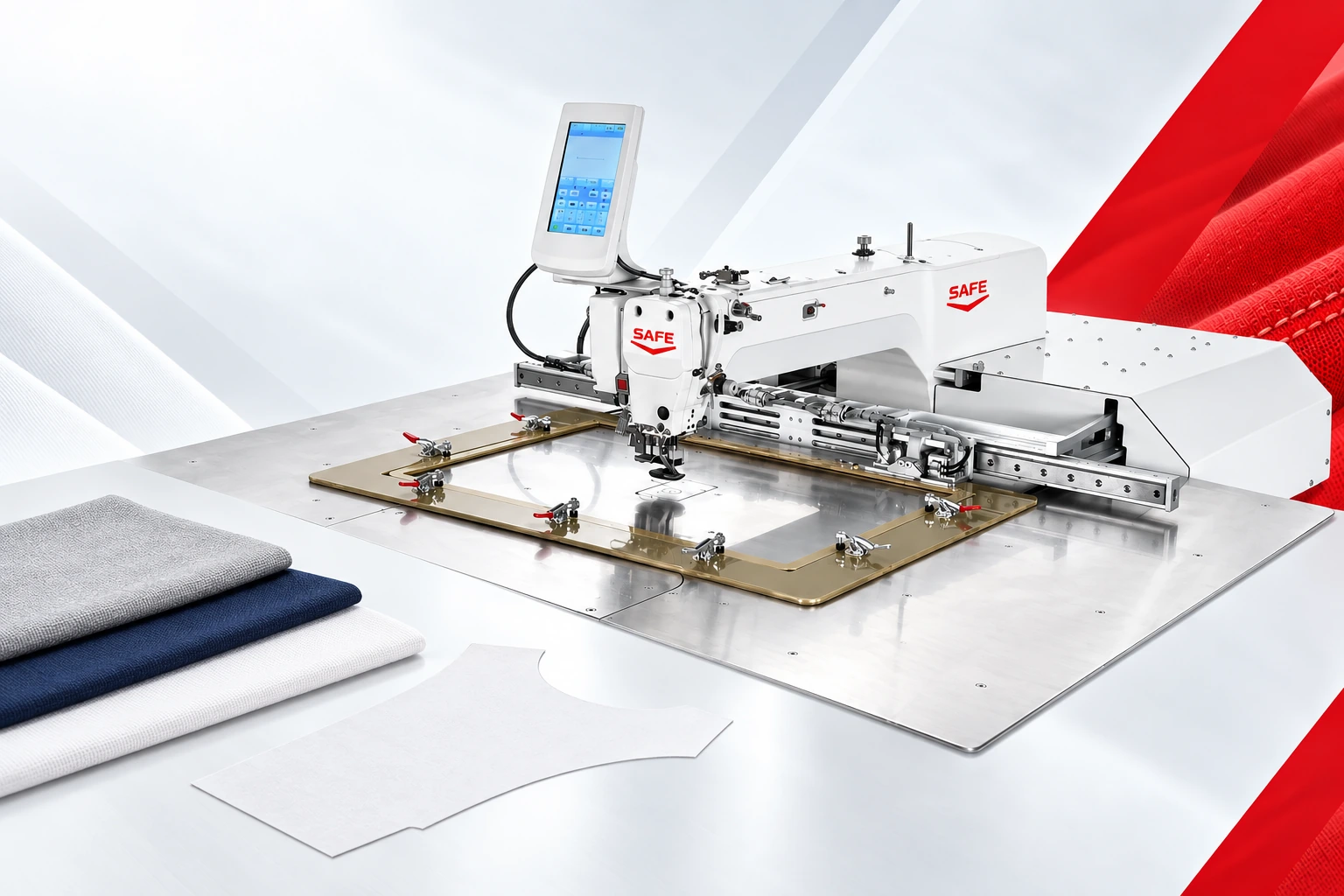 Pattern sewing equipment with fabric and pattern pieces