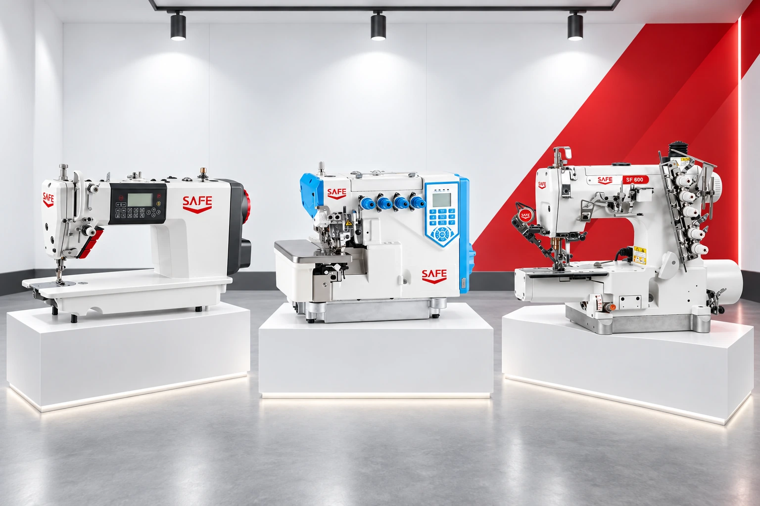 Concept display of a SAFE lockstitch, overlock and interlock machine range