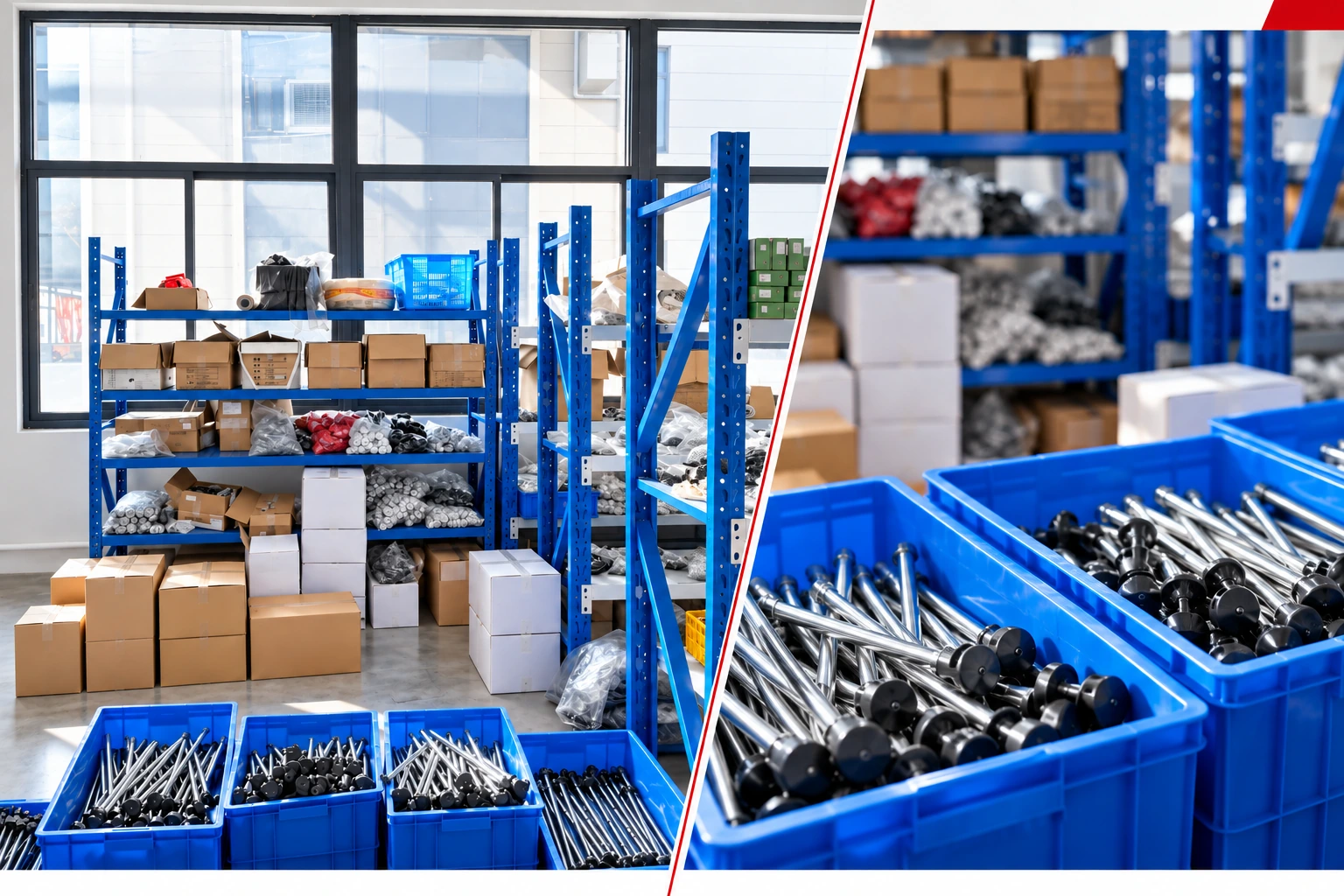 Sewing equipment parts shelving and component detail