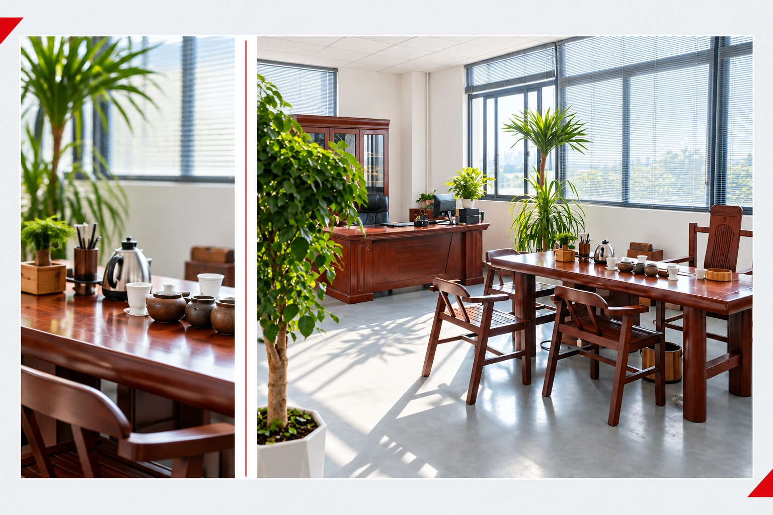 Company reception and meeting space with a wooden table