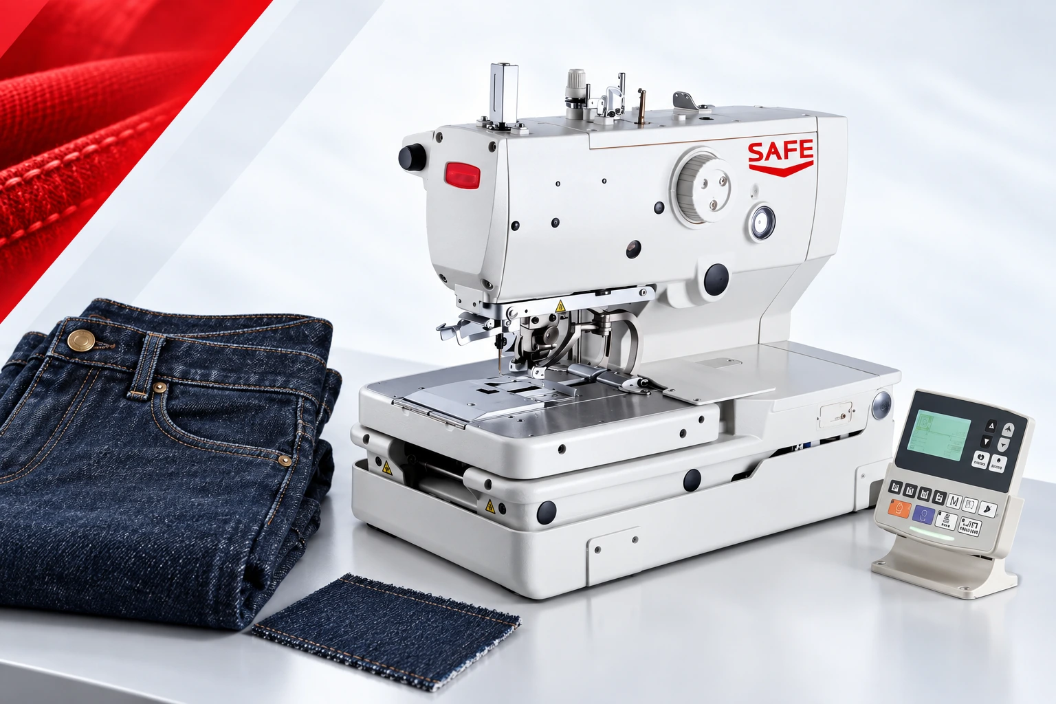Eyelet buttonhole machine with denim garments and fabric