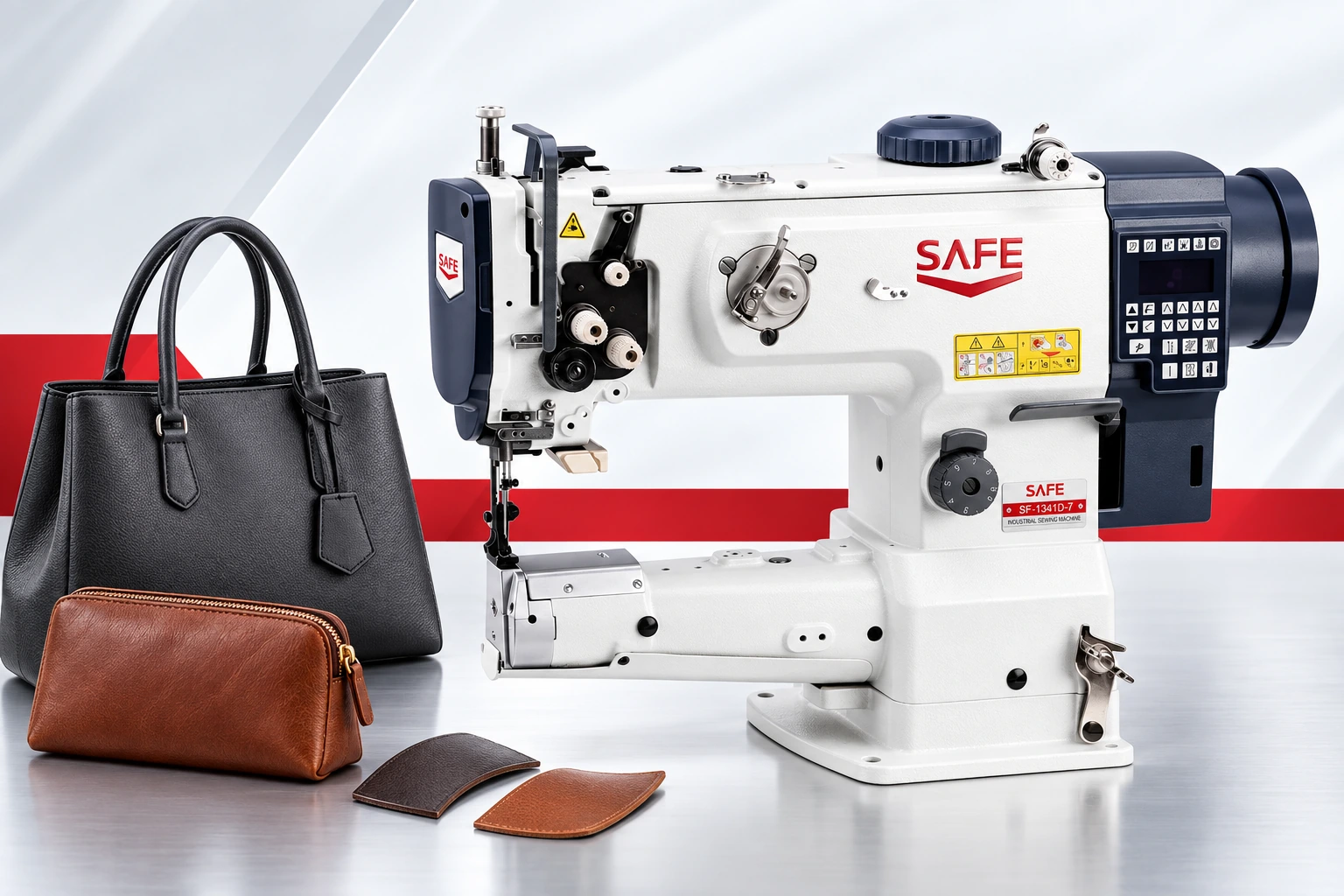 Cylinder-bed sewing equipment with bags and leather materials