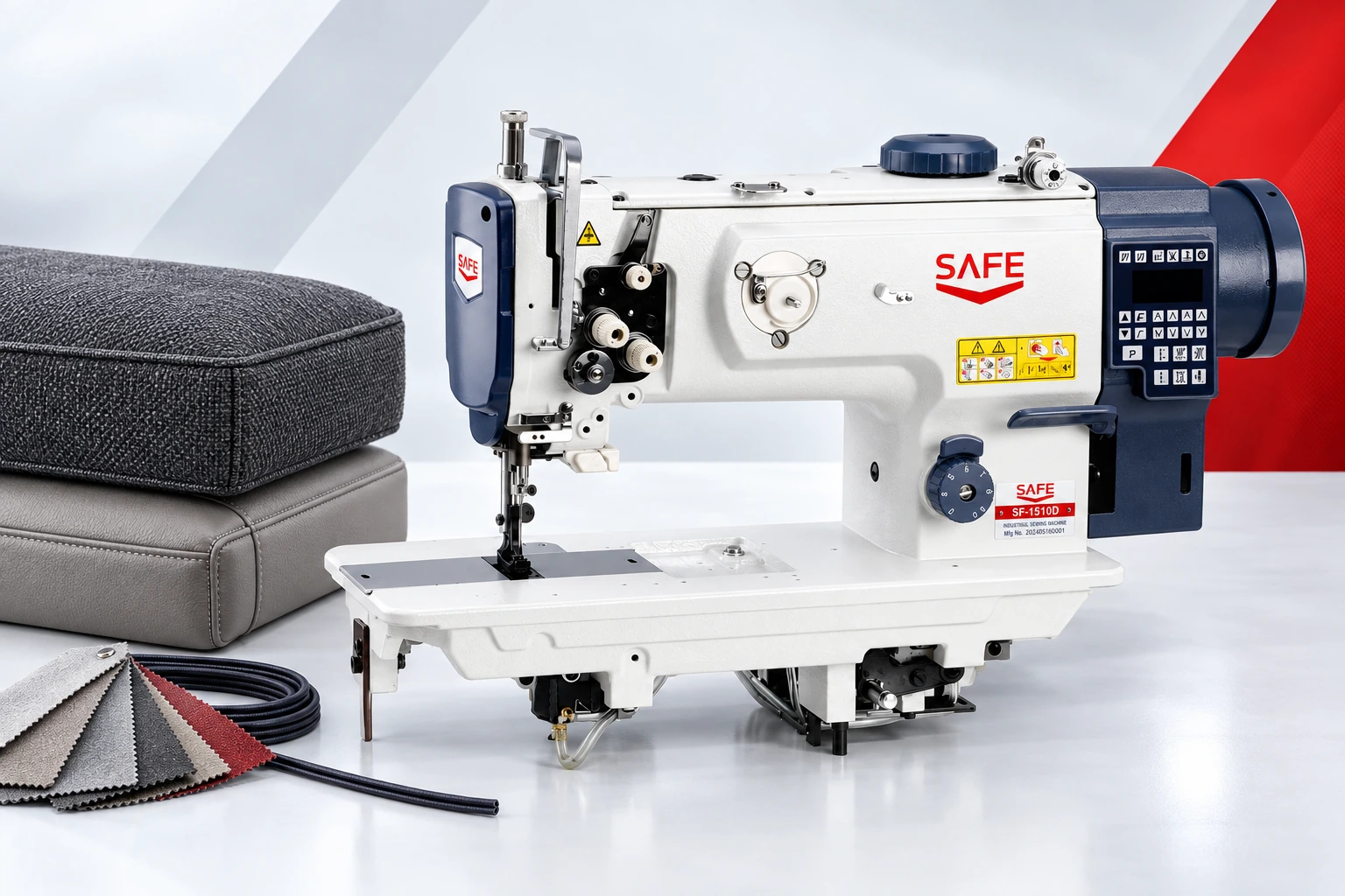 Compound-feed sewing equipment with upholstery materials and cushions