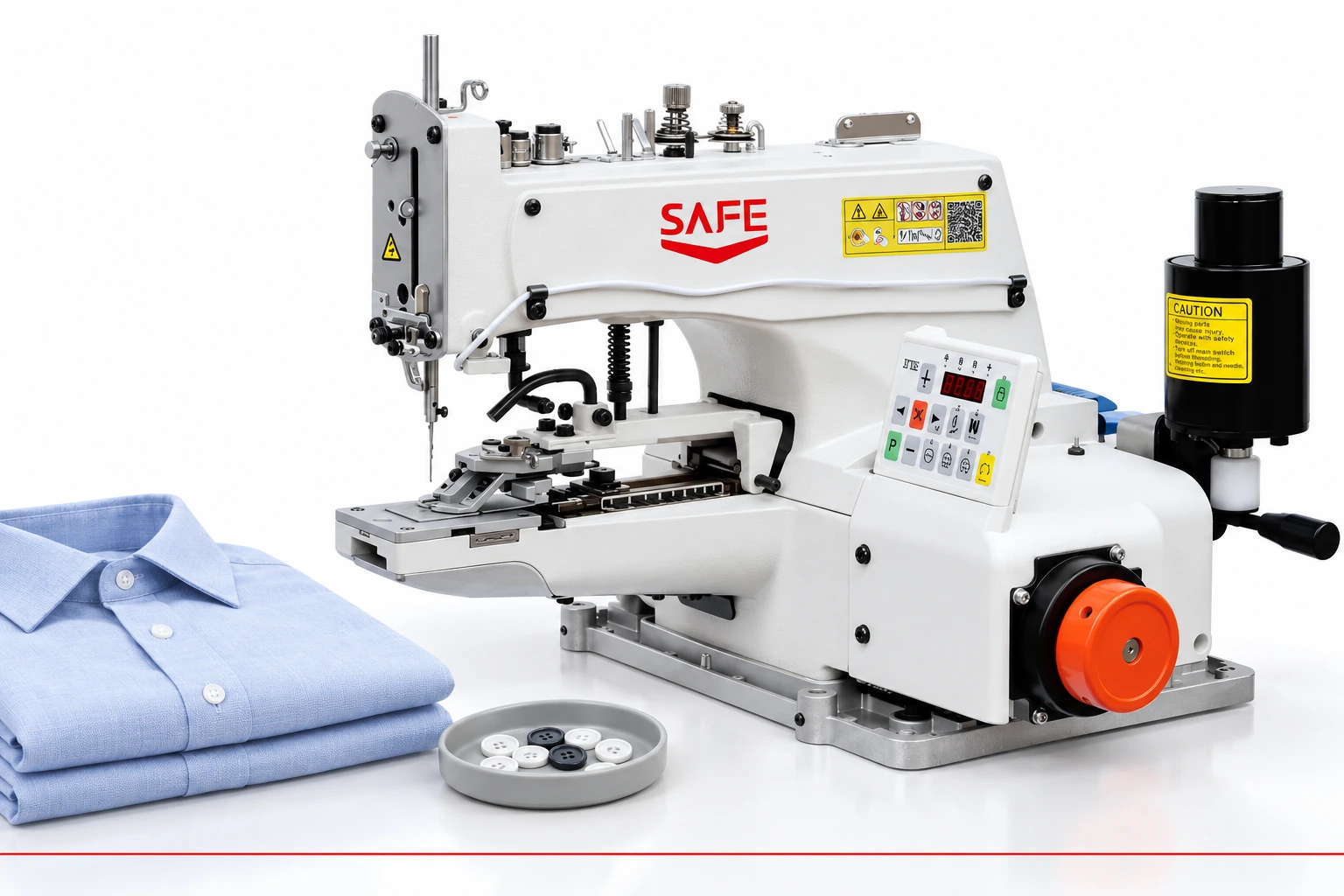 Button attaching equipment with shirts, buttons and garment details