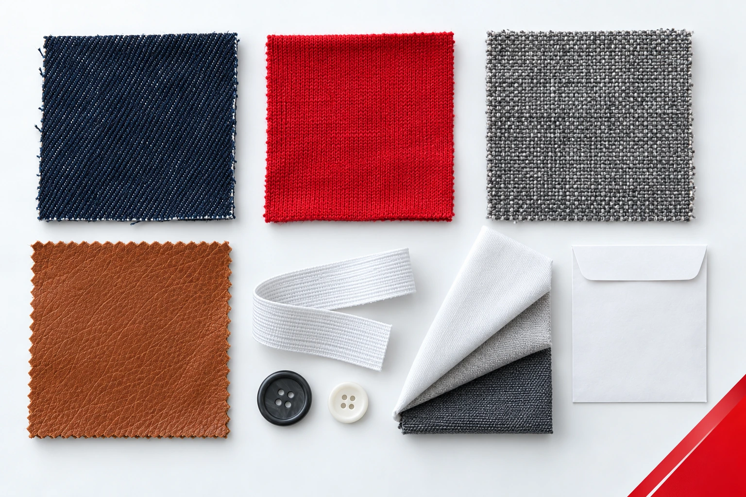 Material samples, trims and an envelope for a sewing equipment enquiry