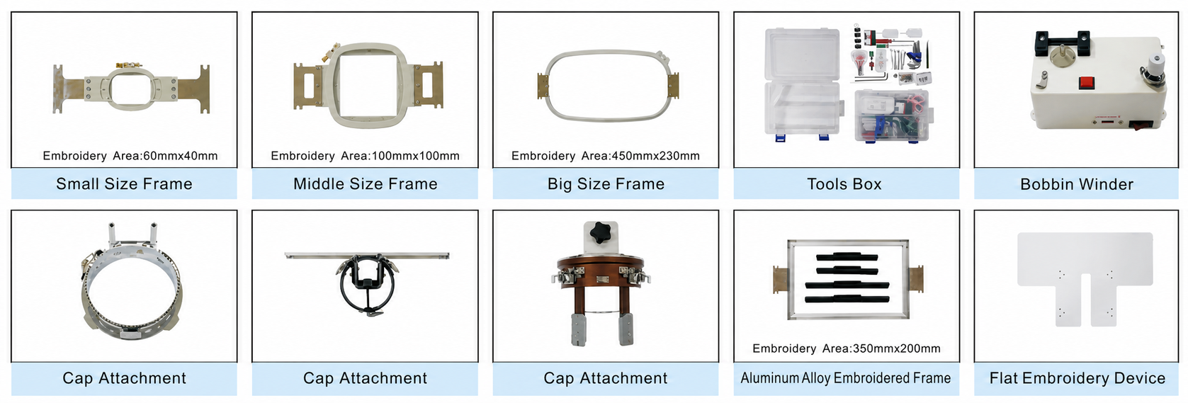 SF-CT1201S — Embroidery frames and accessories illustrated in the catalogue; supplied set is quotation dependent
