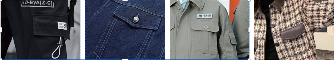 Pocket flap examples on workwear and other garments in the SAFE catalogue