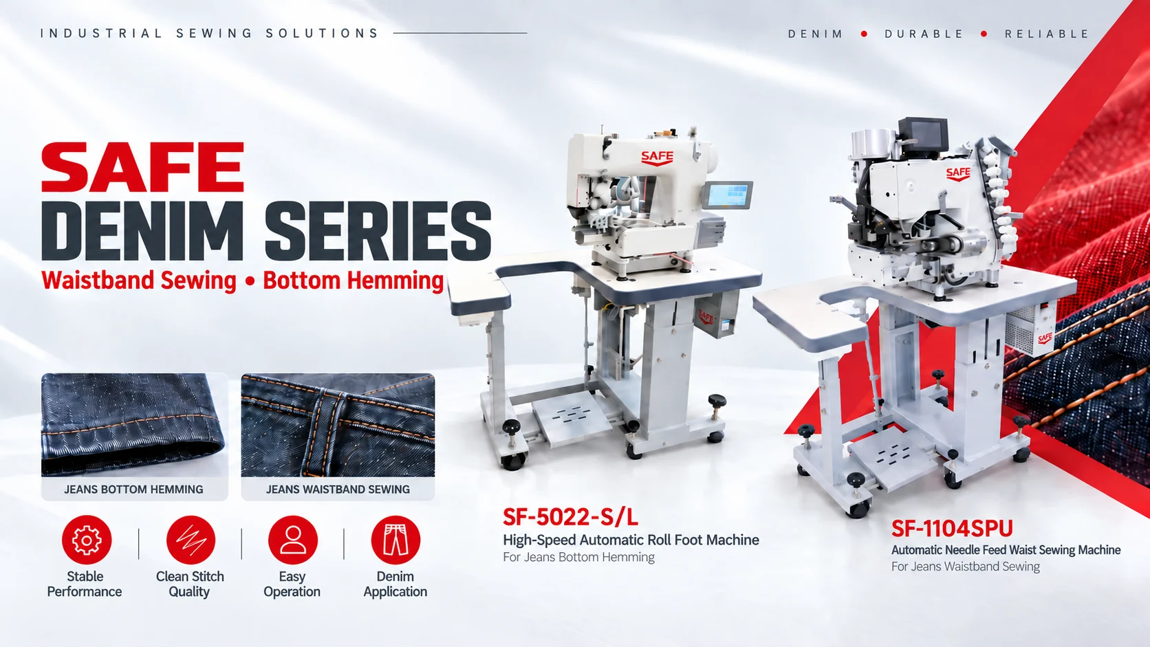 SAFE denim sewing machine series promotional banner