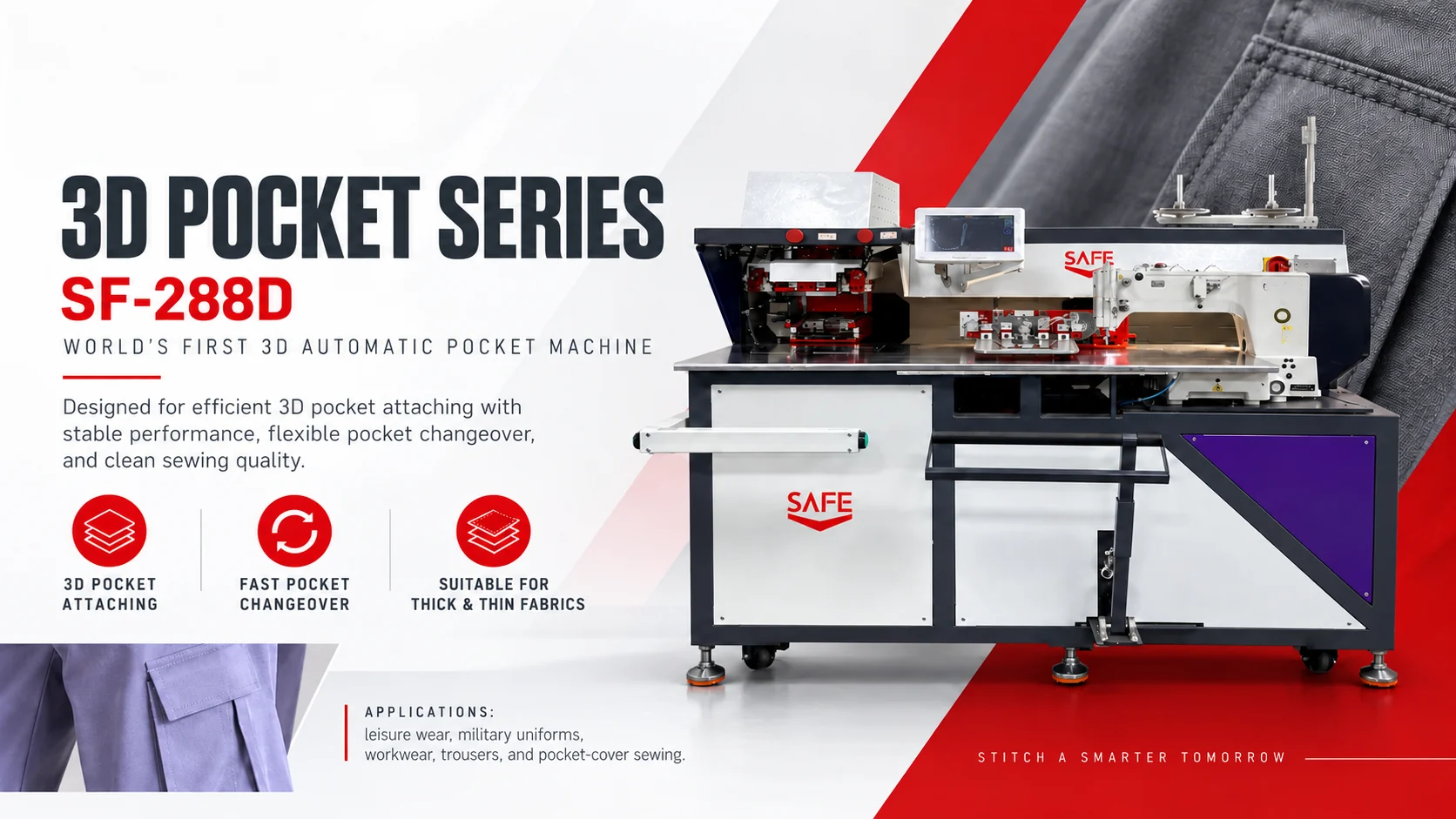 SAFE SF-288D three-dimensional pocket sewing series promotional banner