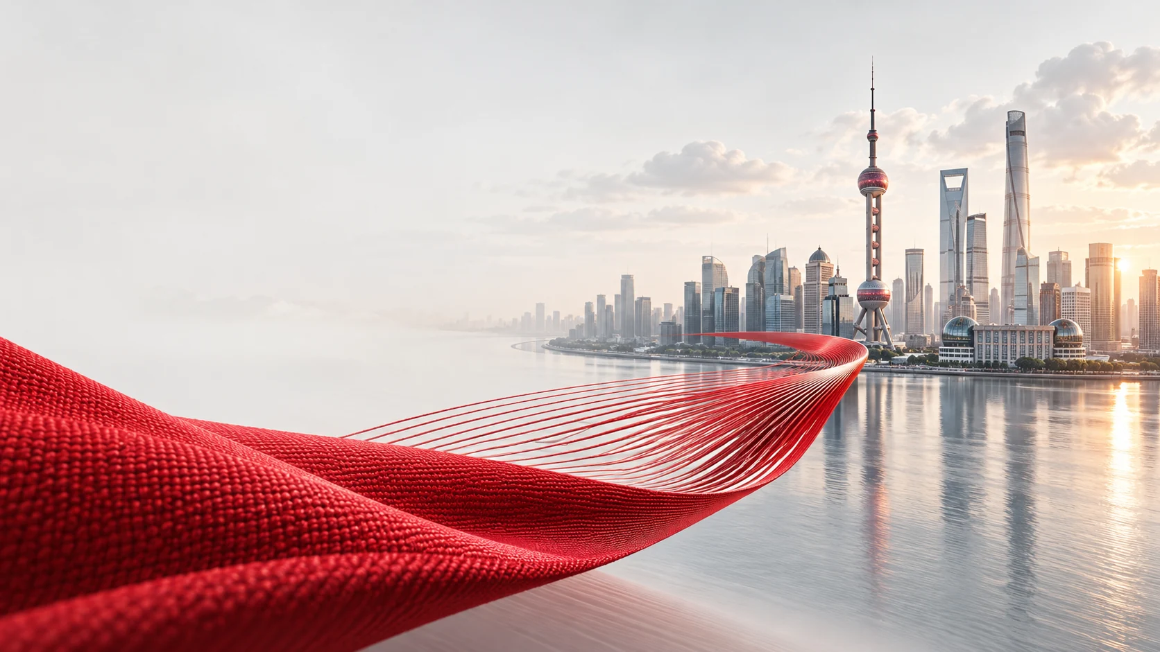 Original Shanghai skyline illustration with a red textile ribbon for the SAFE exhibition invitation