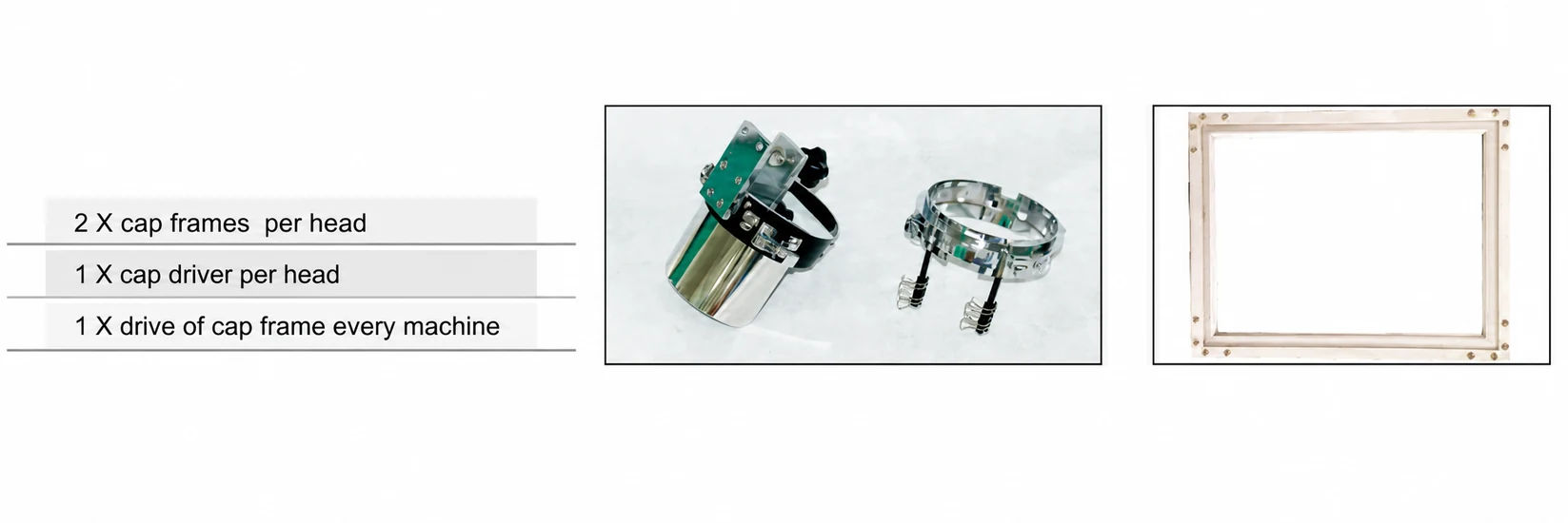 Cap frames, cap driver and flat embroidery frame illustrated in the SAFE multi-head embroidery catalogue