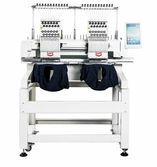 SAFE SF-CT1202H two head embroidery machine holding finished garments